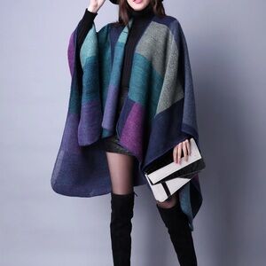 Women’s Multicolor Knit Poncho Cape – Cozy Boho Layer – One Size